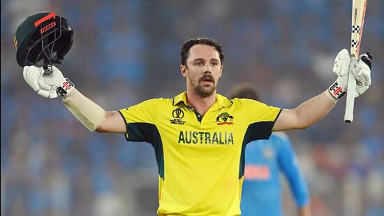 Travis Head playing a crucial innings in a T20 International for Australia.