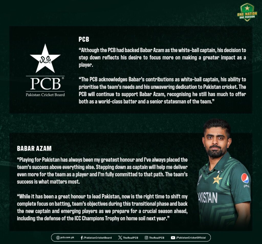 PCB Confirms Babar Azam Steps Down as White-Ball Captain