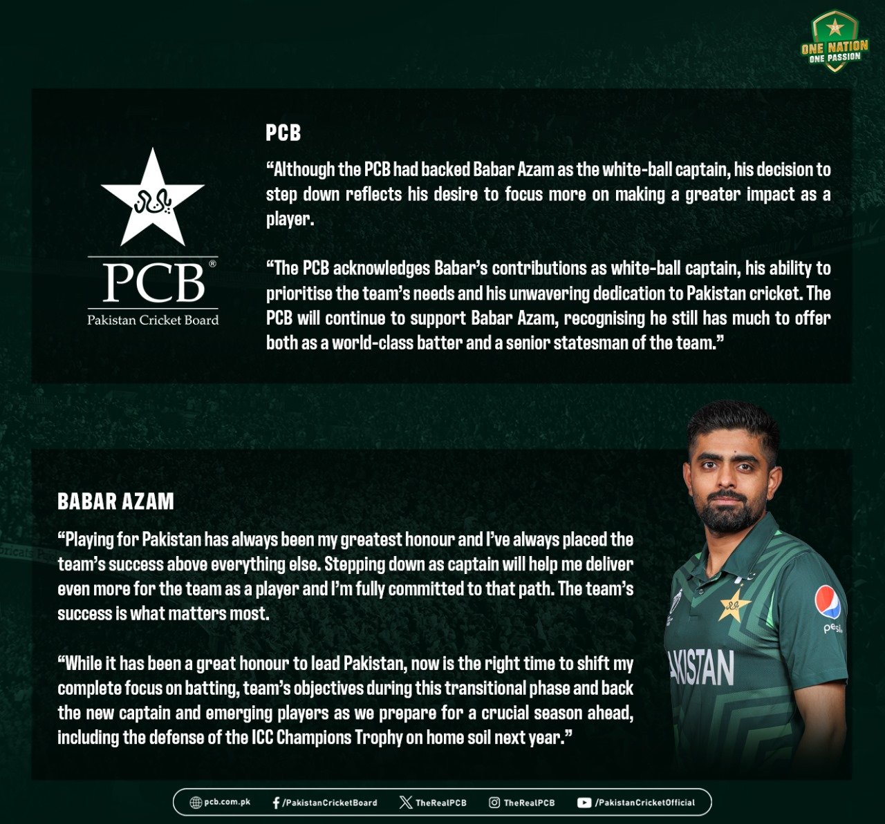 PCB Confirms Babar Azam Steps Down as White-Ball Captain